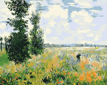 Kesäinen niitty ja sinitaivas impressionistiseen tyyliin, numeromaalaus.